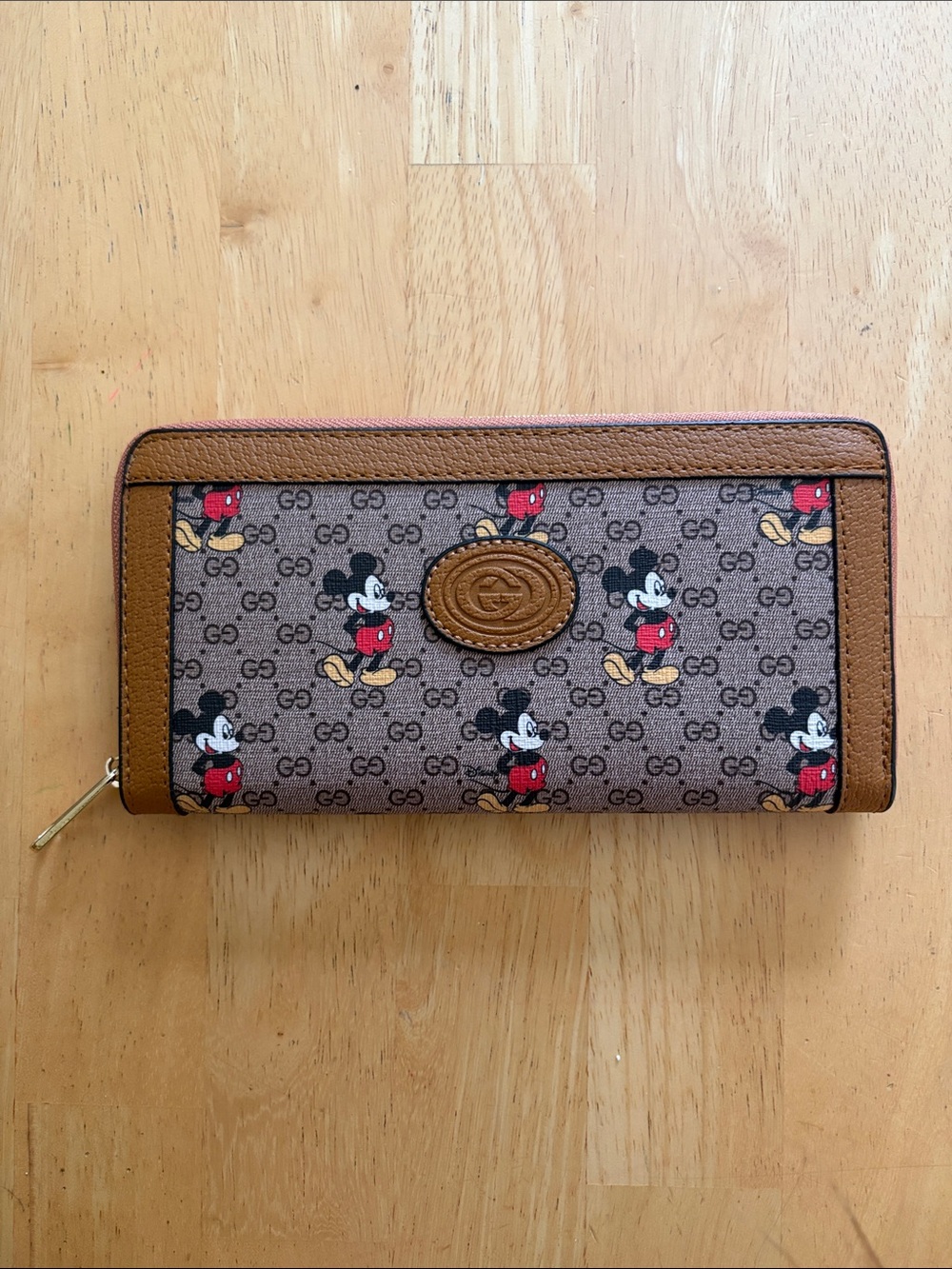Brown Canvas Mickey Mouse Zip Around Wallet with Tan Leather Trim